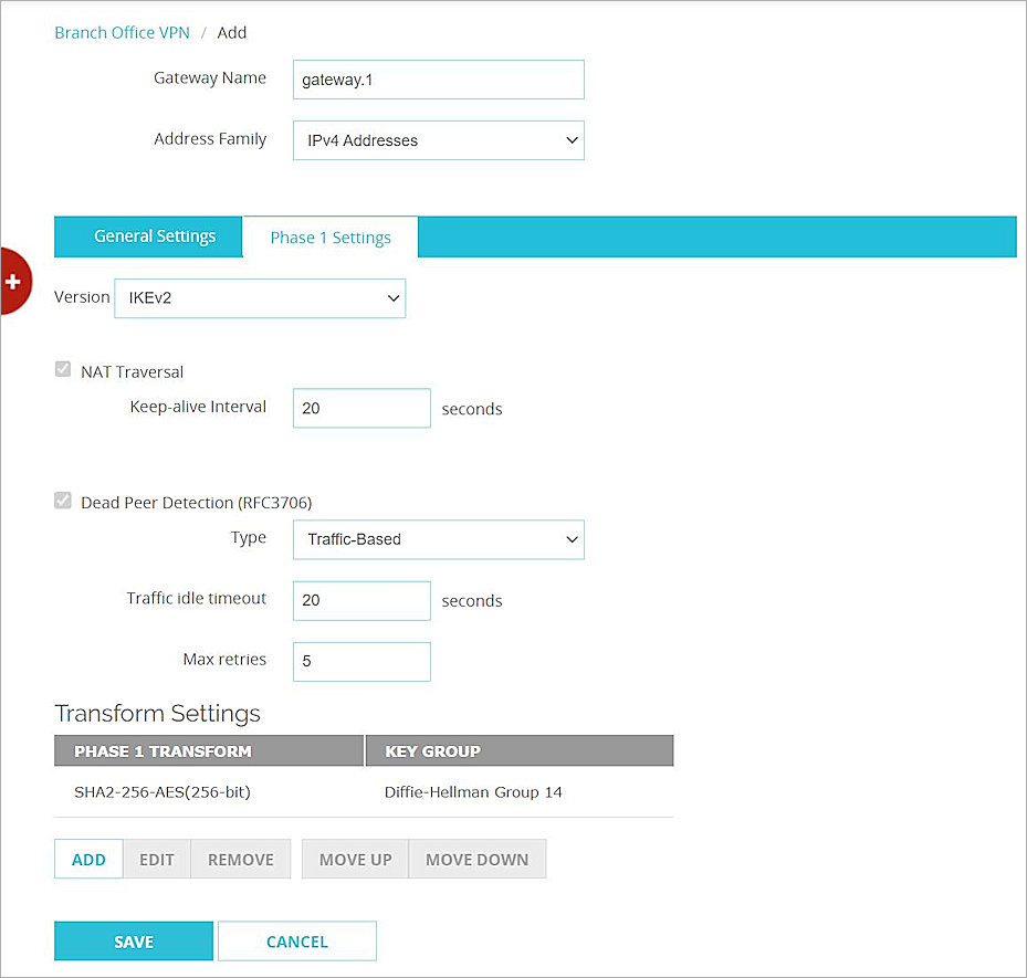 Screen shot of the Phase 1 settings